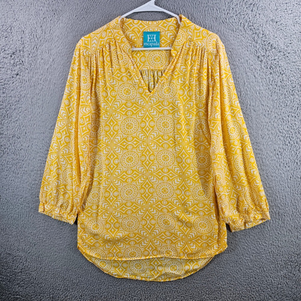 Escapada Womens Yellow White Geometric Medallion Print V-Neck Tunic Blouse S
